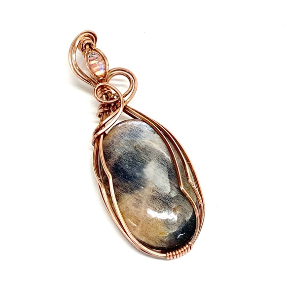 HANDCRAFTED Statement Pendant Gray &Rainbow Moonstones Oxidized Copper Hand Wrap - Picture 6 of 10